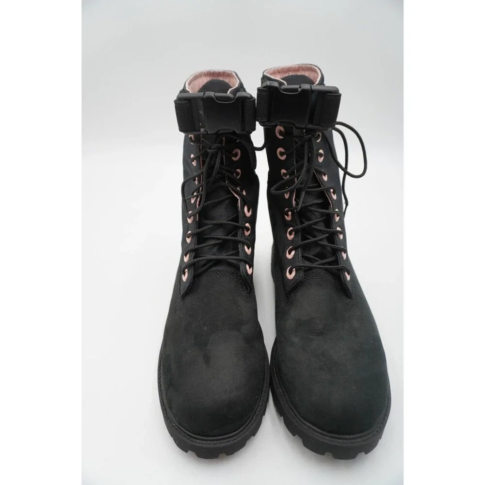 Timberland Black Suede Nylon Mid-Calf Boots Pink Eyelets Buckle Ankle Strap Sz 7